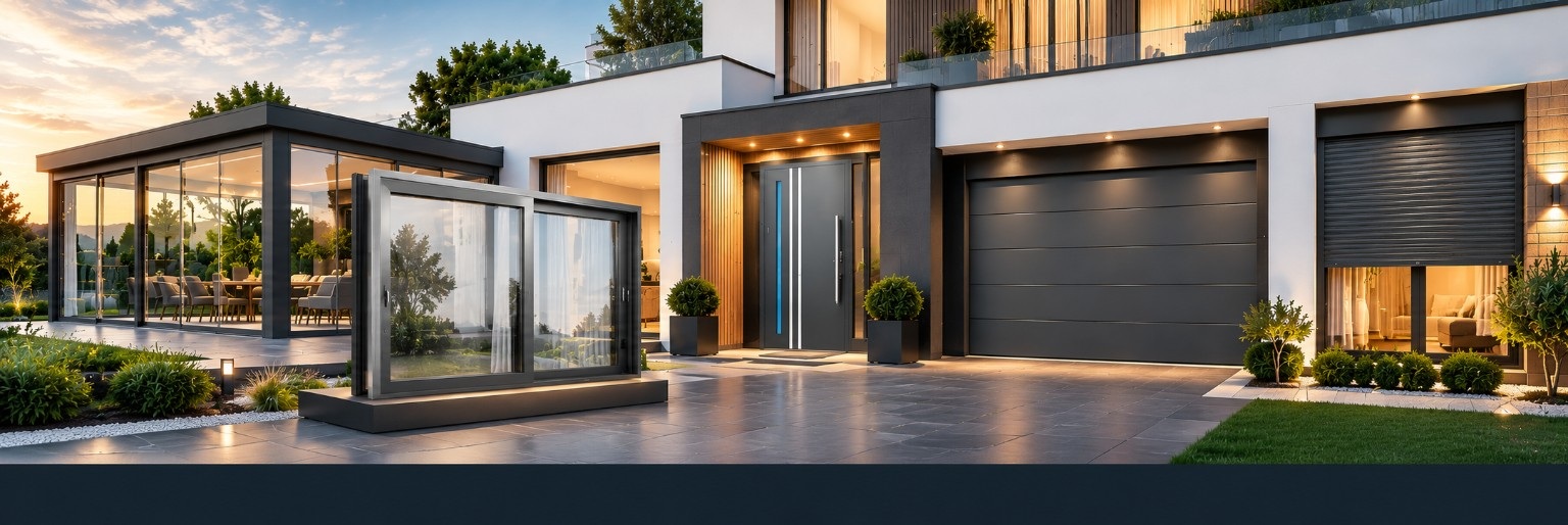 Maison contemporaine avec châssis anthracite, porte d’entrée, porte de garage et volet roulant