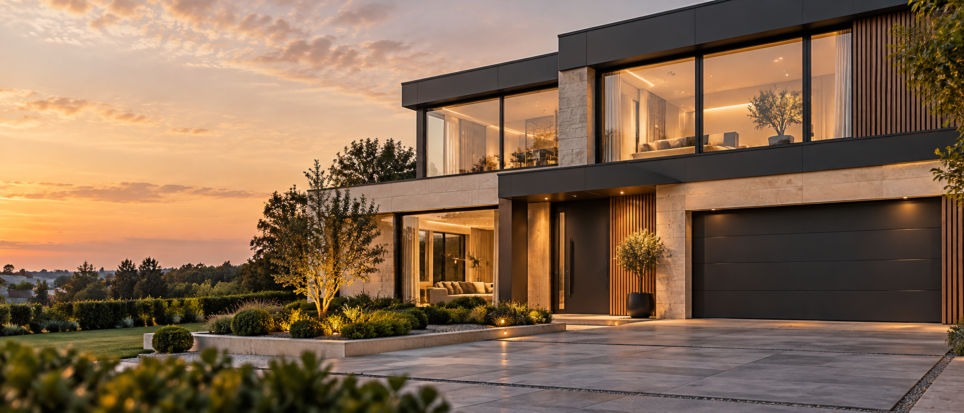 Maison contemporaine avec châssis, porte d’entrée et porte de garage